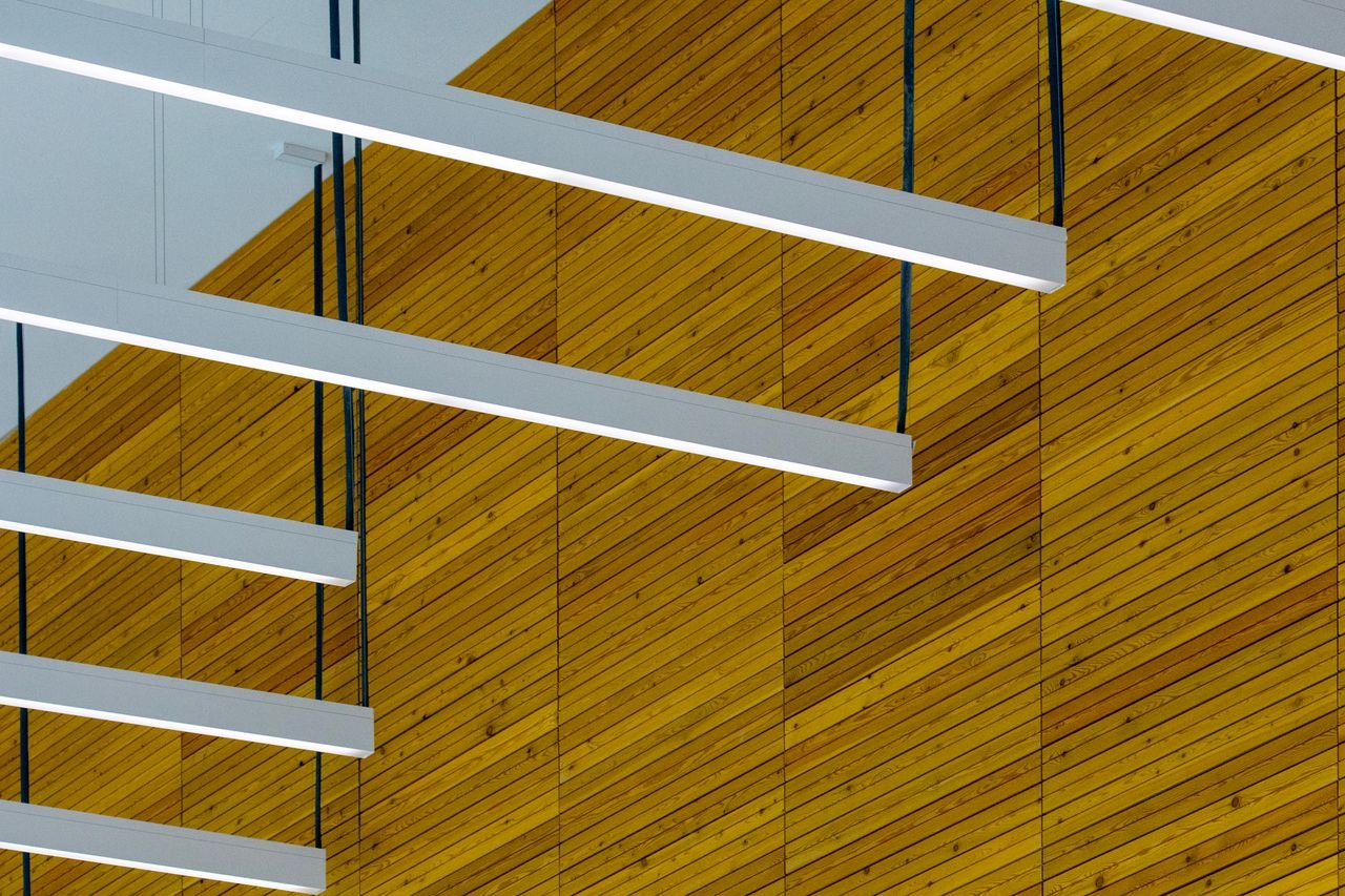 Sleek white ceiling light fixtures against a wooden panel wall in modern interior design.